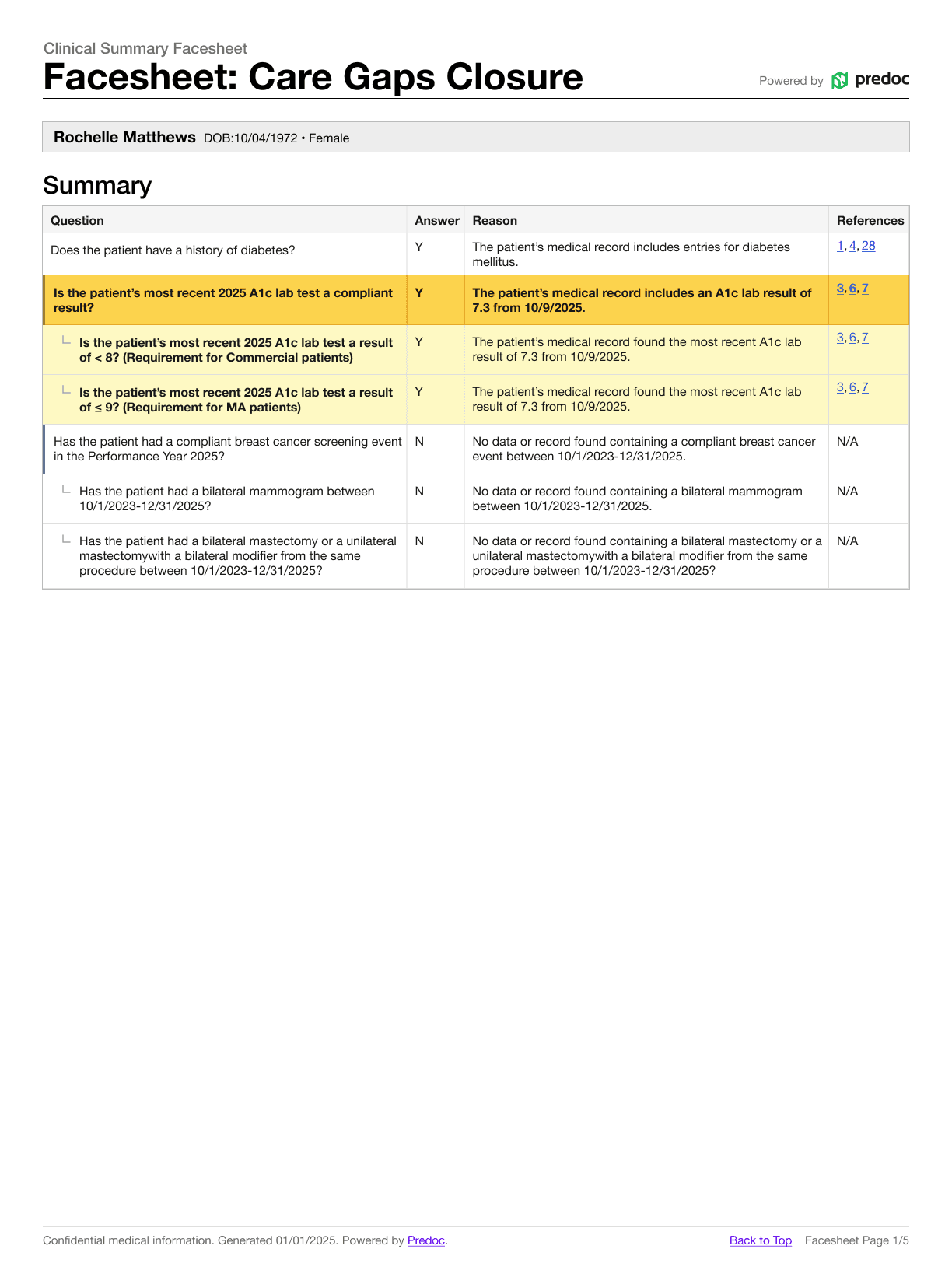 Predoc clinical facesheet showing Answer, Reason, and Source columns for structured patient data