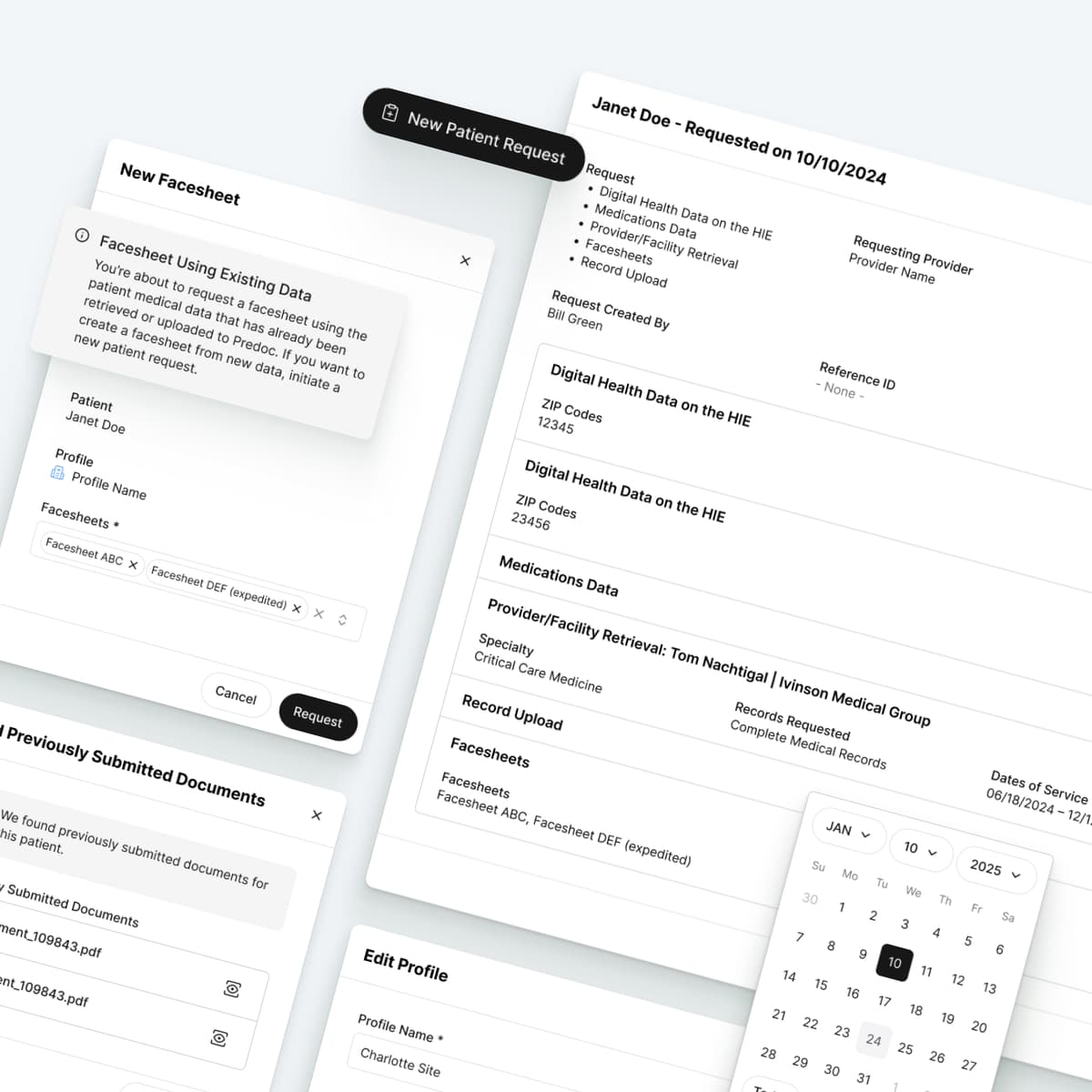 Predoc web app — facesheet requests, patient details, and profile management